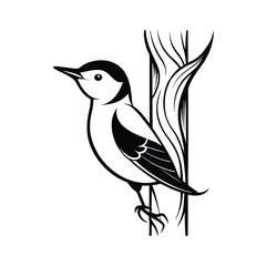 Elegant line art illustration of a nuthatch bird gracefully climbing down a textured tree trunk
