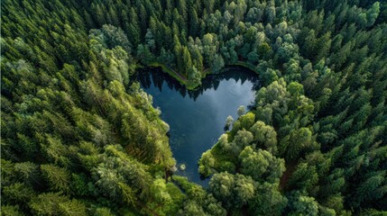 Aerial View of Heart-Shaped Lake Nestled in Lush Evergreen Forest