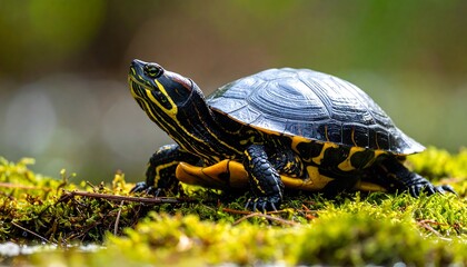 Obraz premium Young turtle on mossy ground, head up, vibrant shell pattern