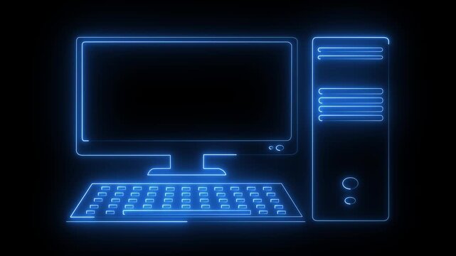Glowing neon computer icon isolated on black background. Technology Concept Illustration. Technology, digital marketing and  pc screen for software. 4k motion video.