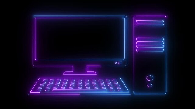 Glowing neon computer icon isolated on black background. Technology Concept Illustration. Technology, digital marketing and  pc screen for software. 4k motion video.
