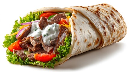 Delicious beef gyro wrap with tzatziki sauce fresh vegetables and warm pita bread perfect for lunch or dinner