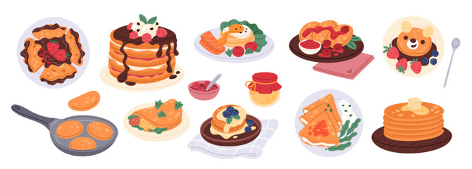 Cartoon pancakes. Tasty homemade pastry, sweet and salty toppings, hot breakfasts, stacks on plates, maple and chocolate syrup, honey, butter, morning meal, garish vector isolated set