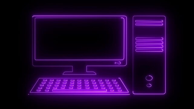 Glowing neon Modern desktop PC computer icon isolated on black background. Technology Concept Illustration. Technology, digital marketing and  pc screen for software. 4k motion video.
