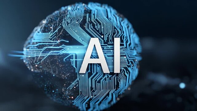 
An AI logo in blue and silver on a dark background with circuit board patterns, in a digital art style with a futuristic feel, featuring glowing light effects 