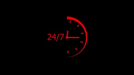 24 hours 7 days clock timer icon animation,All time service concept watch on dark background.