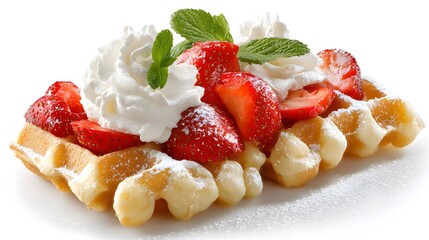 Waffle with strawberries and whipped cream dessert breakfast food photography delicious sweet treat closeup shot