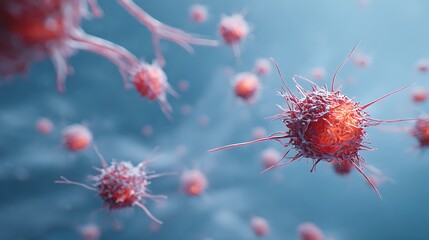 Malignant Cancer Cells In A Human Body, Irregular Shapes With Spiky Surfaces, Glowing Red Against A Soft Blue Background Of Healthy Cells, Floating Protein Struct