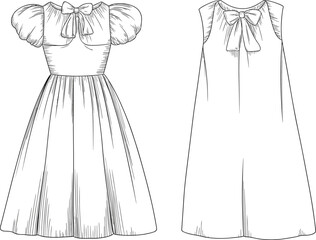  Children's Vintage-Inspired Puff Sleeve Dress and Sleeveless A-line Silhouette Technical Fashion Sketch, Front and Back Views