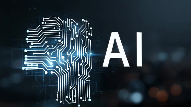 
An AI logo in blue and silver on a dark background with circuit board patterns, in a digital art style with a futuristic feel, featuring glowing light effects 