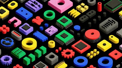 Colorful tech pattern including icons like microchips, gears, and wireless signals arranged in a repetitive layout suitable for educational and marketing content.