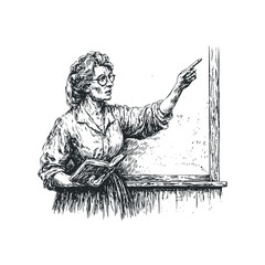 Elderly Woman with Glasses and Book Points at Blackboard in Classroom