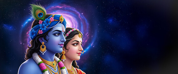 Divine Couple Krishna and Radha in Cosmic Embrace banner