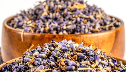 Close-up of dried lavender in wooden bowls