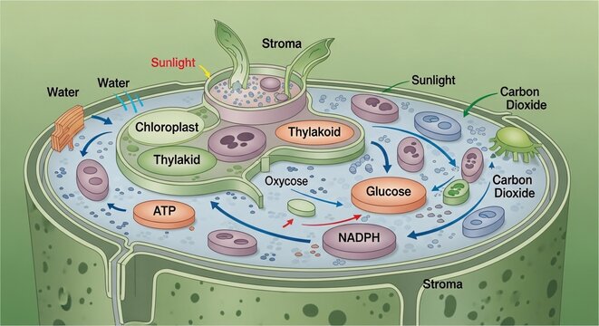 Unlock plant life's secrets with this dynamic chloroplast photosynthesis diagram and energy cycle illustration