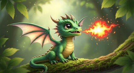 Fototapeta premium Enchanting emerald dragon spewing vibrant flames in a verdant forest landscape