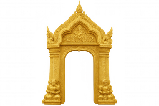 Golden thai traditional archway featuring ornate architectural design, showcasing intricate cultural details against transparent background