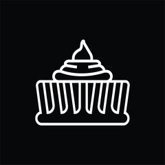 PrintA clean and modern white outline vector icon depicting a delicious cupcake or muffin topped with a generous swirl of frosting. This minimalist line art icon is designed for optimal visibility .