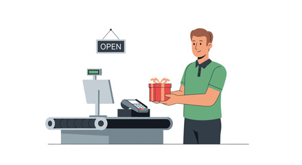 Fototapeta premium Cheerful Male Cashier at Open Retail Store Holding A Colorful Gift Box in Front of the Checkout Counter with a Friendly Smile, Perfect for Retail and Holiday Marketing Themes