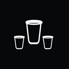 A clean and modern white outline vector icon set featuring three empty glasses or cups of different sizes, with a large one in the center. This minimalist line art graphic represents varying volumes.