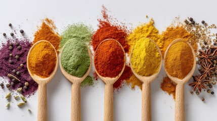 Colorful array of spices in wooden spoons showcasing vibrant hues for culinary inspiration.