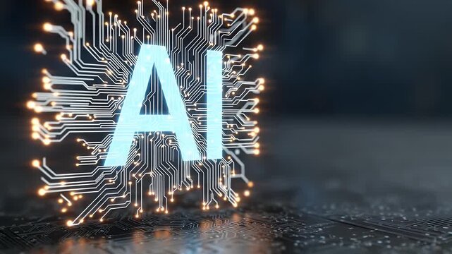 
An AI logo in blue and silver on a dark background with circuit board patterns, in a digital art style with a futuristic feel, featuring glowing light effects 