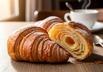 Golden croissants and steaming coffee evoke a cozy morning indulgence at leisure