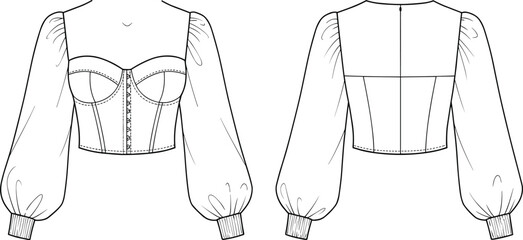 Women's Fashion Corset Style Crop Top Technical Flat Sketch with Puff Sleeves, Front and Back CAD Drawing