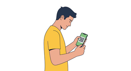 Young Man Interacting with Smartphone Displaying QR Code for Digital Engagement and Marketing Opportunities, Seamless Technology Integration in Modern Lifestyle, Enhanced User Experience