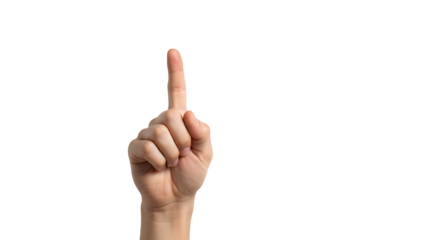 Transparent PNG Hand Gesturing Number One,  Close-up of a Single Human Hand with Index Finger Pointed Upwards on a Transparent Background, Ideal for Digital Design and Graphic Projects