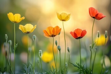 Fototapeta premium Colorful flowers spring background outdoors nature poppy.