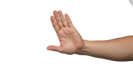 Transparent PNG Image of a Hand Gesturing Stop,  A Close-up of a Light Skin Tone Hand Signaling Halt or Denial Against a Black Background, Ideal for Graphic Design Projects