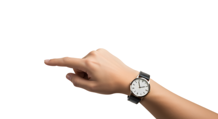 Transparent PNG Image: Woman's Hand Pointing with Wristwatch, Elegant Design Element on Black Background,  Clean Cutout for Easy Composition