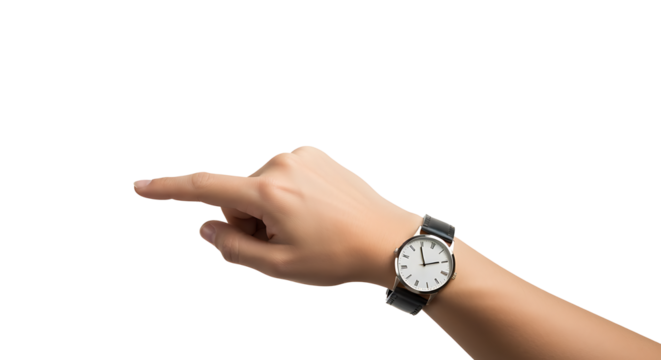 Transparent PNG Image: Woman's Hand Pointing with Wristwatch, Elegant Design Element on Black Background,  Clean Cutout for Easy Composition