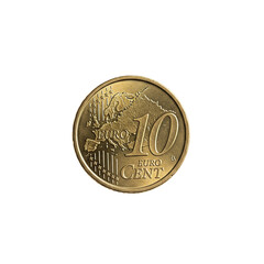 Close up of a golden ten euro cent coin isolated on transparent background