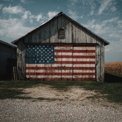 Fototapeta premium American flag painted on a barn wall in the countryside