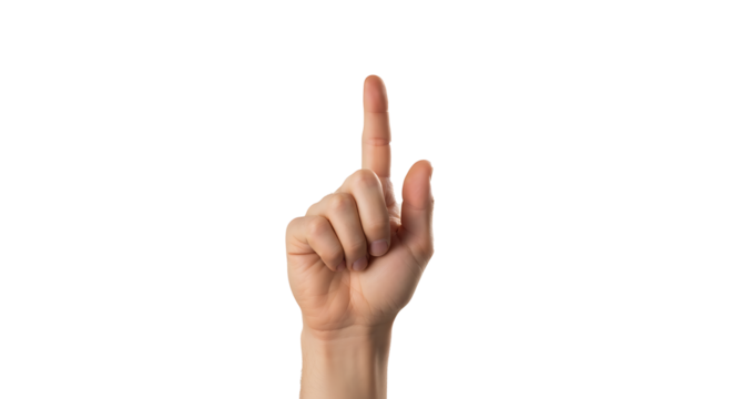 Transparent PNG of a Hand Gesturing Number One,  Clean Cutout of a Caucasian Person's Hand with Index Finger Pointed Upwards Against a Black Background, Ideal for Website Design and Digital Projects.