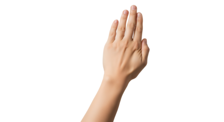 Transparent PNG of a Woman's Hand Signaling Stop or Halt, Close-up of a Fair-Skinned Female Hand Raised with Fingers Extended Against a Black Background, Ideal for Graphic Design and Website Layouts