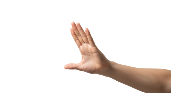 Transparent PNG of a Woman's Hand Gesturing Stop,  A Close-up of a Fair-Skinned Woman's Hand with Fingers Extended in a Stop Gesture Against a Transparent Background, Ideal for Graphic Design Elements