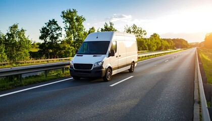 Fototapeta premium White van on highway at sunset