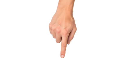 Transparent PNG of Hand Pointing Down,  A Close-Up of a Fair-Skinned Hand with Index Finger Pointing Downward on a Transparent Background; Ideal for User Interface Design or Direction Indication.