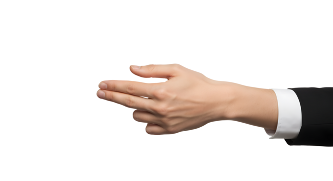 Transparent PNG of Hand Gesturing, A Close-up of a Fair-Skinned Hand in a Business Suit Making a Pinching or Grasping Gesture Against a Transparent Background, Ideal for Mockups or Presentations