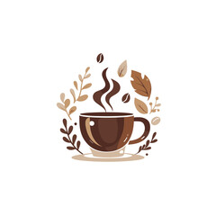 Obraz premium Coffee cup surrounded by leaves and coffee beans in minimal style Logo - Cozy Brown and Beige Vector Icon 