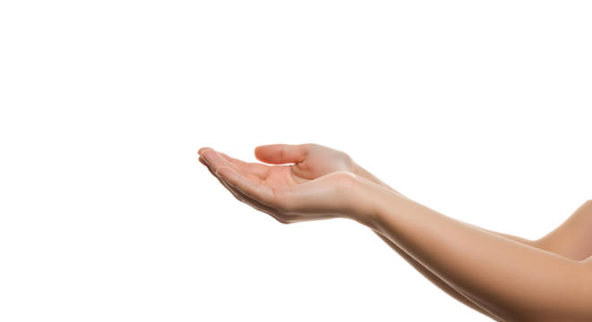 Transparent PNG of Open Female Hands, Two Gentle Female Hands Open and Reaching Upward Against a Black Background, Ideal for Product Placement or Giving Concepts