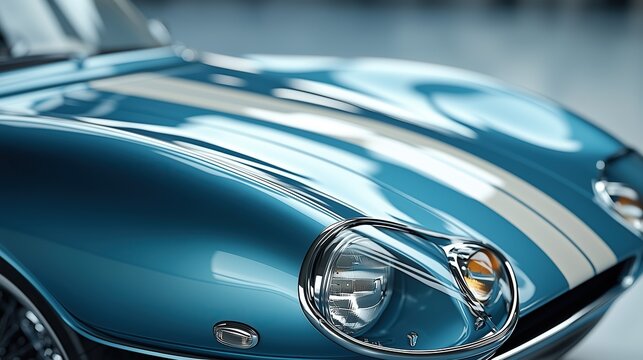 Vintage light blue sports car hood and side stripes close-up, ultra HD detailing, professional color graded, for auto ads/magazine/modification designs