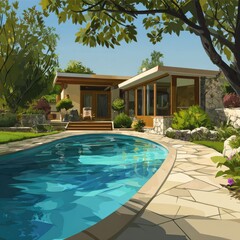 Vector house with backyard and swimming pool