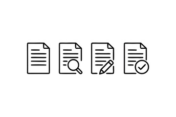 Document Management and Workflow Icons Representing Review Analysis Editing and Approval Processes on White Background