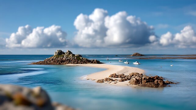 Idyllic sandbar nestled between St. Agnes and Gugh, Isles of Scilly, with a bokeh effect adding dreamlike quality.
