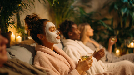 Spa wellness retreat friends enjoying facial masks ayurveda treatment. Luxury skincare therapy with natural organic cosmetics, candles, tropical plants. Premium beauty relaxation lifestyle concept.