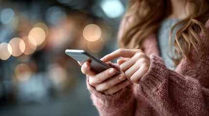 Woman using a smartphone to shop online through a mobile application, highlighting modern e-commerce convenience